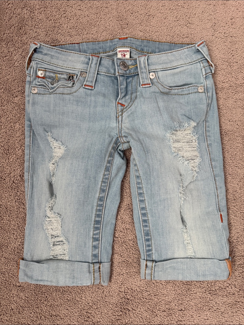 True Religion Light Wash Distressed Rolled Cuff Knee Length Jean Shorts Size 24